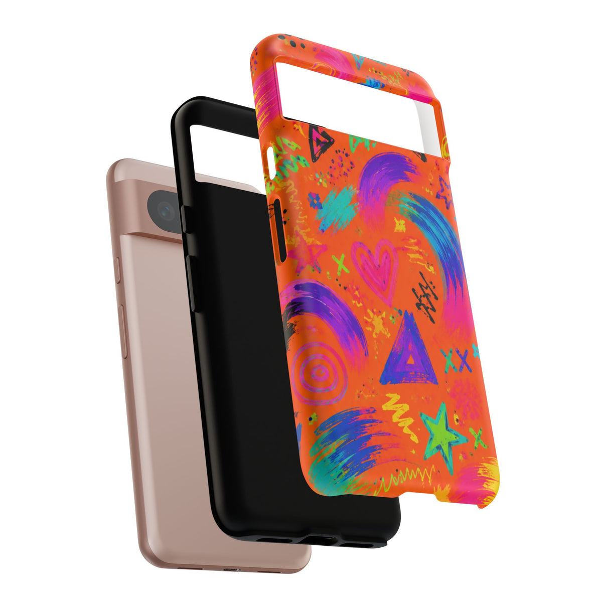 Colorful Neon Doodle Phone Case — Bright Abstract Stars & Hearts Tough Case