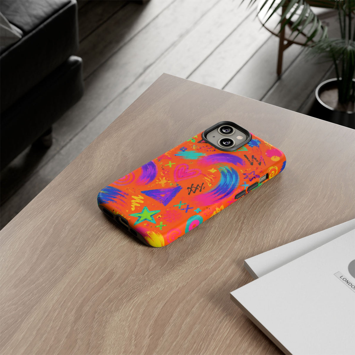 Colorful Neon Doodle Phone Case — Bright Abstract Stars & Hearts Tough Case