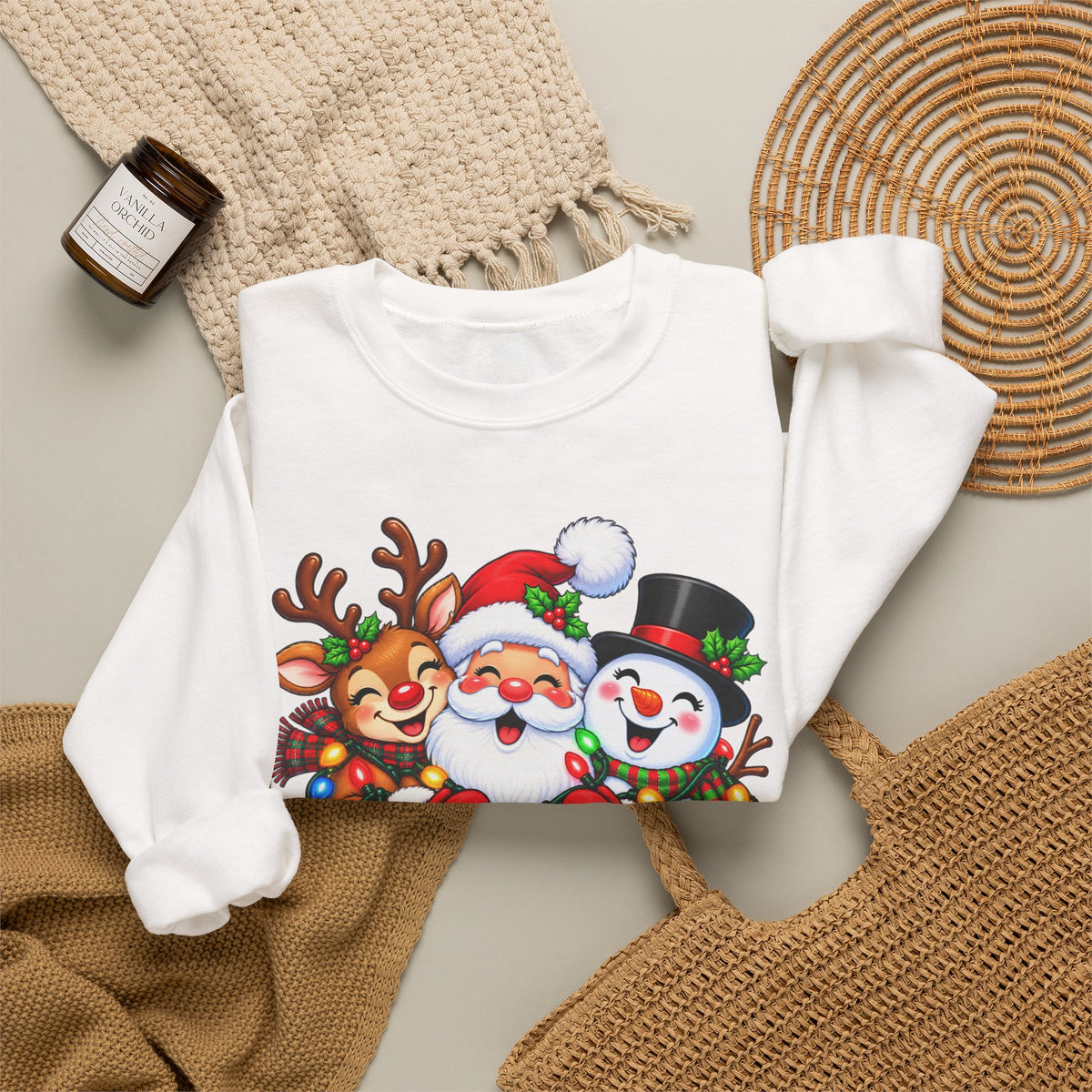 Christmas Trio Crewneck Sweatshirt — Santa, Reindeer & Snowman Holiday Pullover