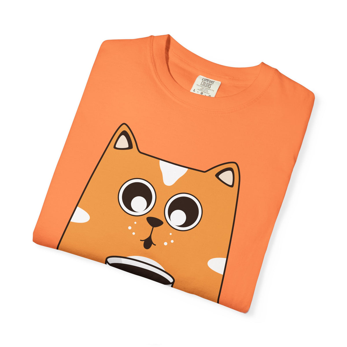 Coffee Cat T-Shirt — Cute Cat Holding Coffee Mug, “My morning doesn’t start until the coffee clocks in” Tee