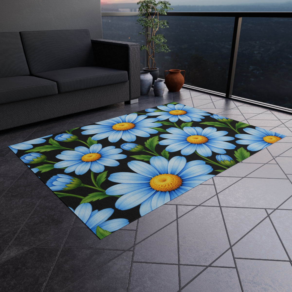 Blue Daisy Outdoor Rug — Cheerful Floral Patio Mat