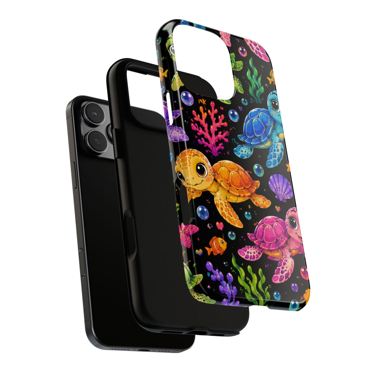 Phone Case — Colorful Cute Sea Turtles on Black (Protective Smartphone Cover)