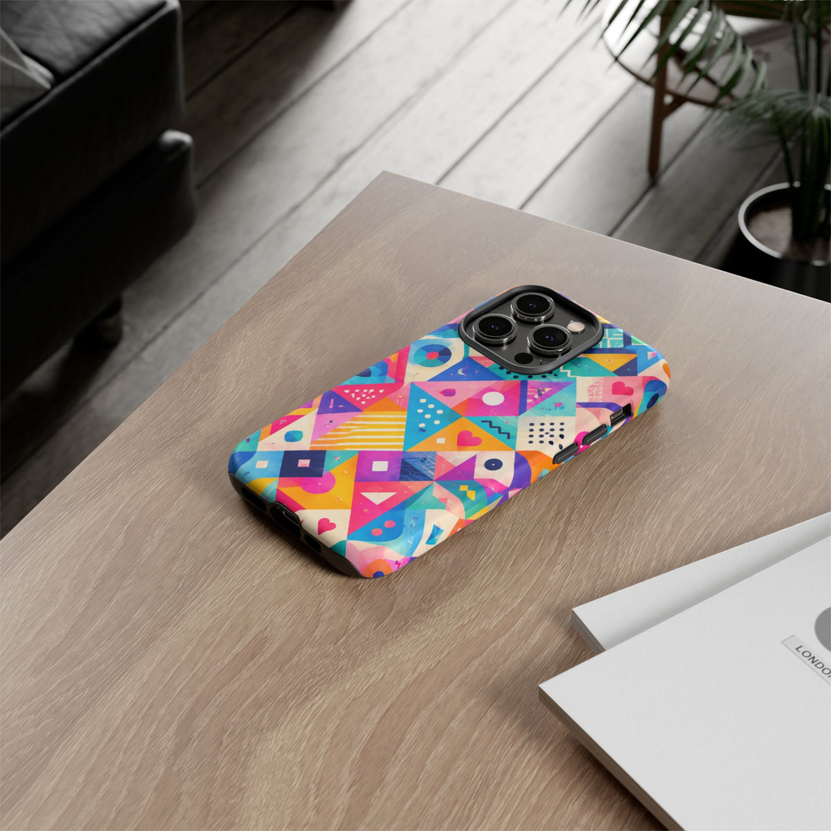 Colorful Geometric Tough Phone Case — Bright Abstract Heart & Triangle Pattern