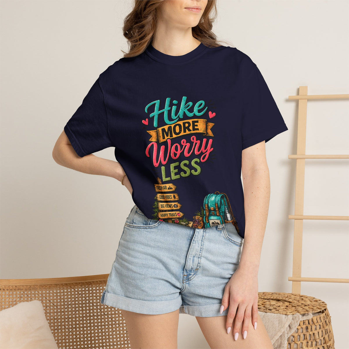 Hike More Worry Less T-Shirt | Hiking Backpack Trail Sign Tee