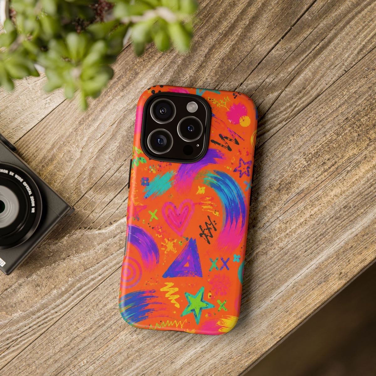 Colorful Neon Doodle Phone Case — Bright Abstract Stars & Hearts Tough Case