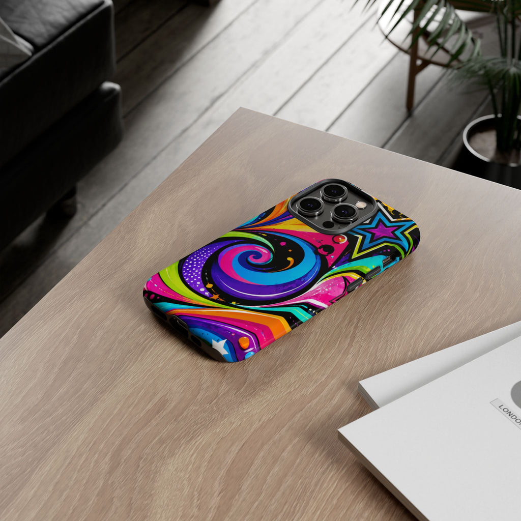 Psychedelic Swirl Phone Case — Bold Retro Stars & Neon Pop Art Tough Case