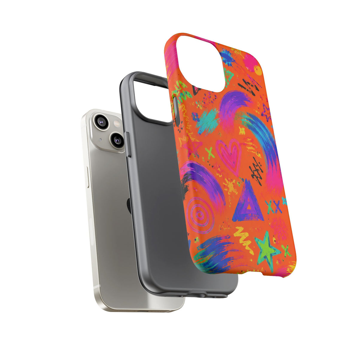 Colorful Neon Doodle Phone Case — Bright Abstract Stars & Hearts Tough Case