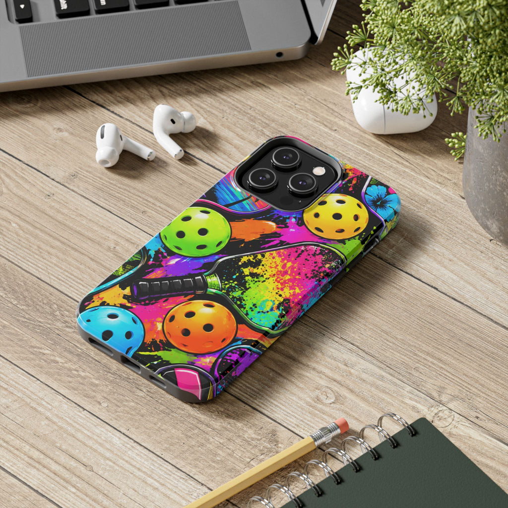 Pickleball Splash Tough Phone Case — Neon Paddle & Ball Protective Cover