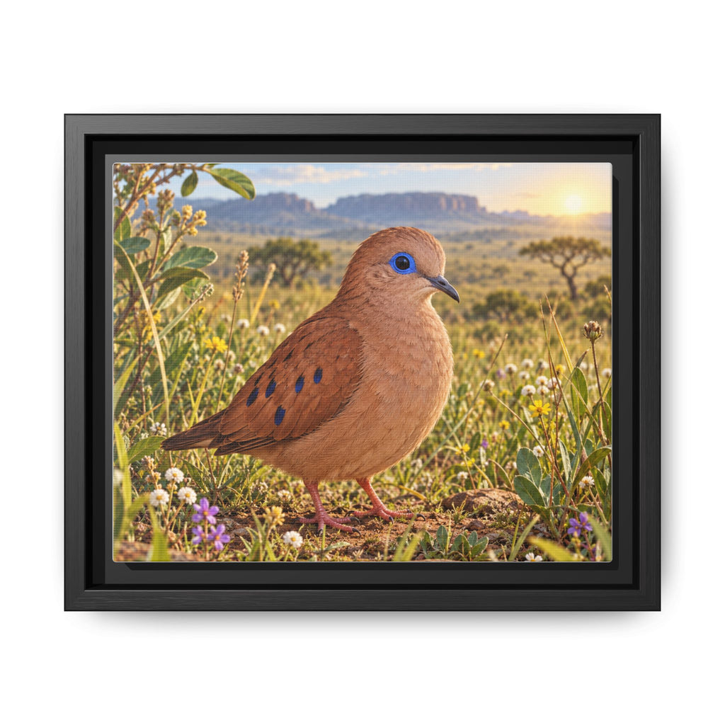 Framed Canvas Wall Art — Whimsical Little Brown Dove in Wildflower Meadow