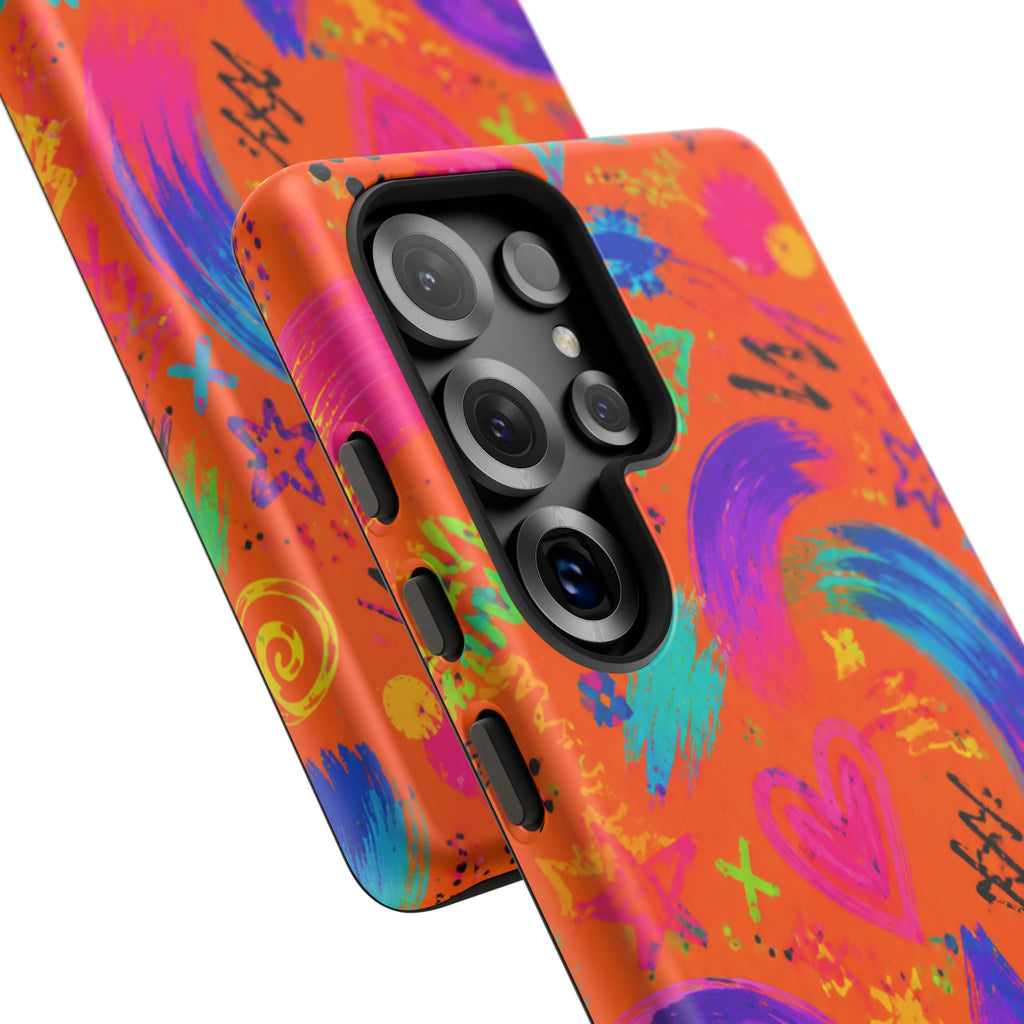 Colorful Neon Doodle Phone Case — Bright Abstract Stars & Hearts Tough Case