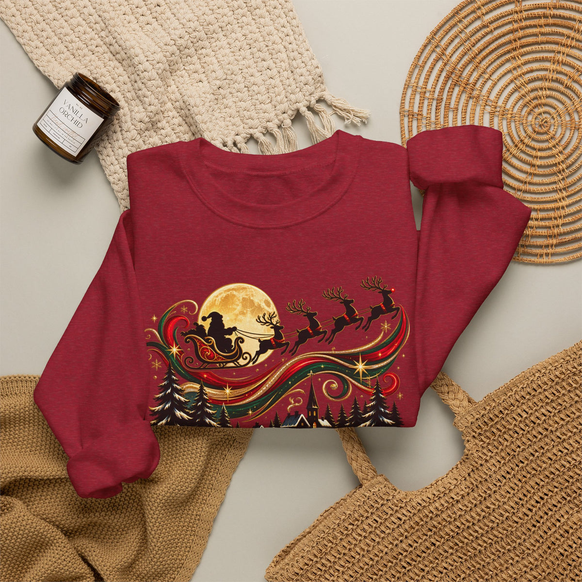 Christmas Sleigh Crewneck Sweatshirt - Santa Reindeer Moon Holiday Design