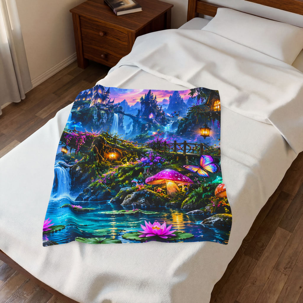 Fantasy Velveteen Plush Blanket — Enchanted Waterfall & Castle Scene