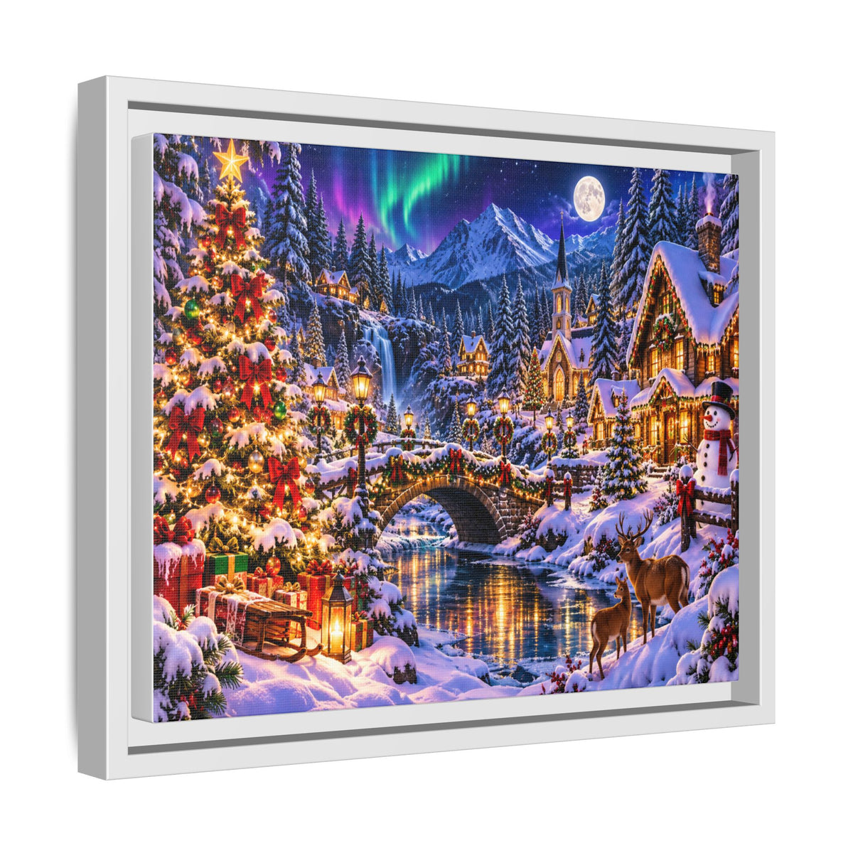 Framed Matte Canvas - Cozy Christmas Village Winter Night Wall Art