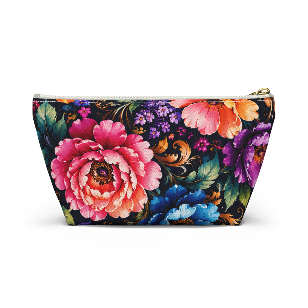 Floral Accessory Pouch — Vibrant Garden Makeup Bag with T-Bottom