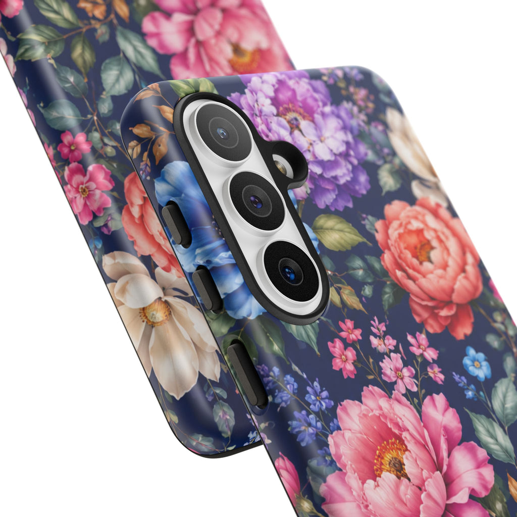 Floral Tough Phone Case – Vibrant Garden Flowers on Navy