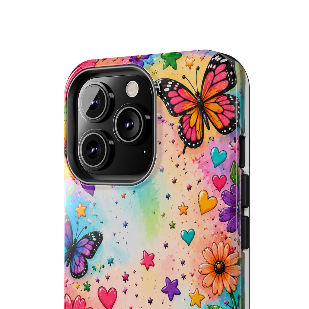 Colorful Butterflies and Flowers Tough Phone Case | Rainbow Hearts Stars