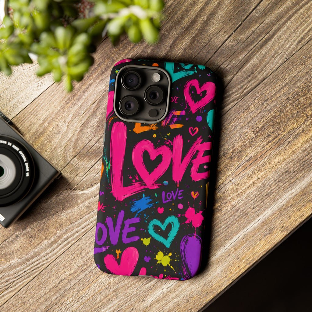 Phone Case — Neon Graffiti "Love" Hearts Protective Tough Case
