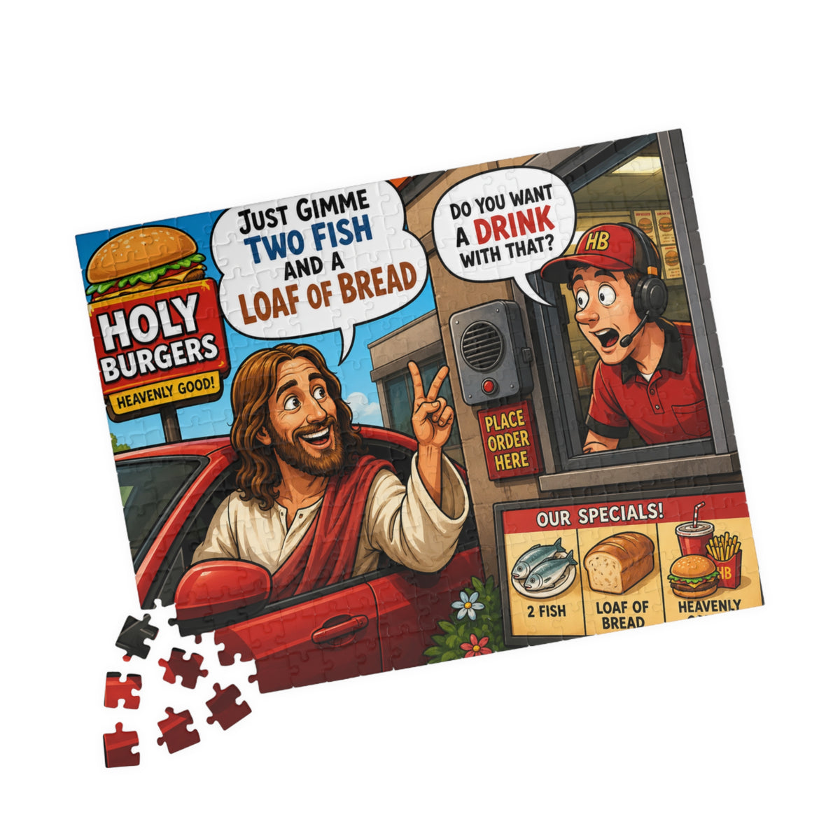 Jesus Drive-Thru Puzzle 520 Piece | Holy Burgers Illustration