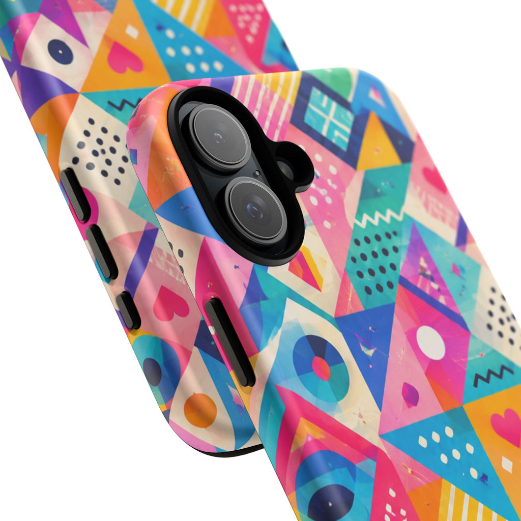Colorful Geometric Tough Phone Case — Bright Abstract Heart & Triangle Pattern