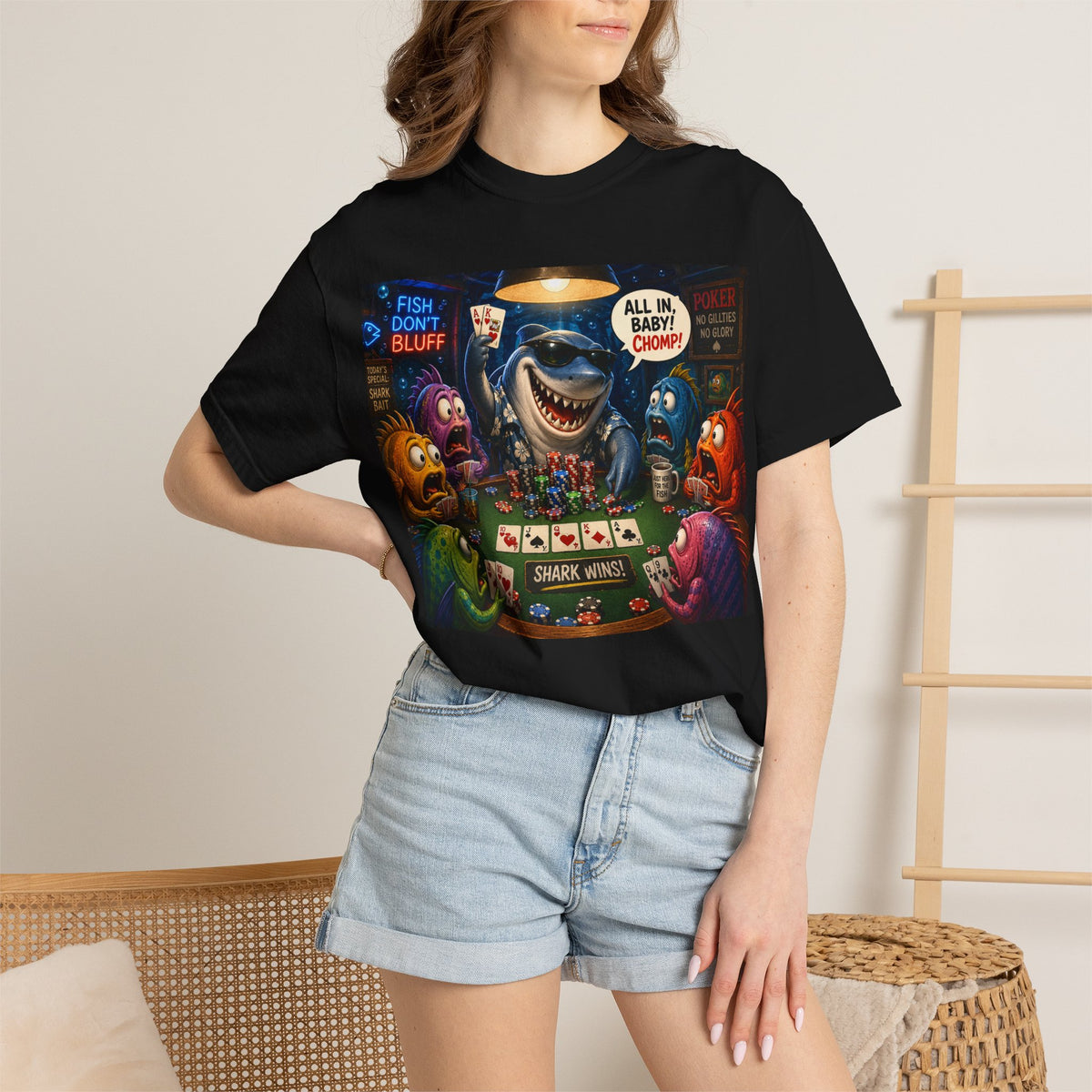 Shark Poker Night T-Shirt — 'All In Baby! Chomp' Novelty Graphic Tee