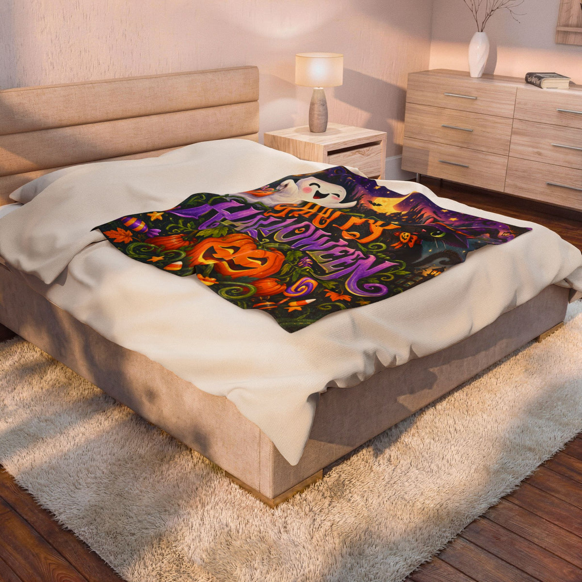 Happy Halloween Velveteen Plush Blanket – Cute Ghost, Pumpkin & Witch Cat Throw