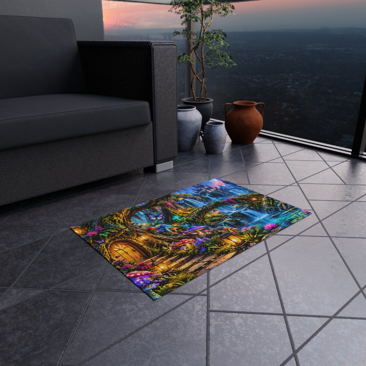 Fantasy Waterfall Outdoor Rug — Enchanted Forest Doorstep Mat