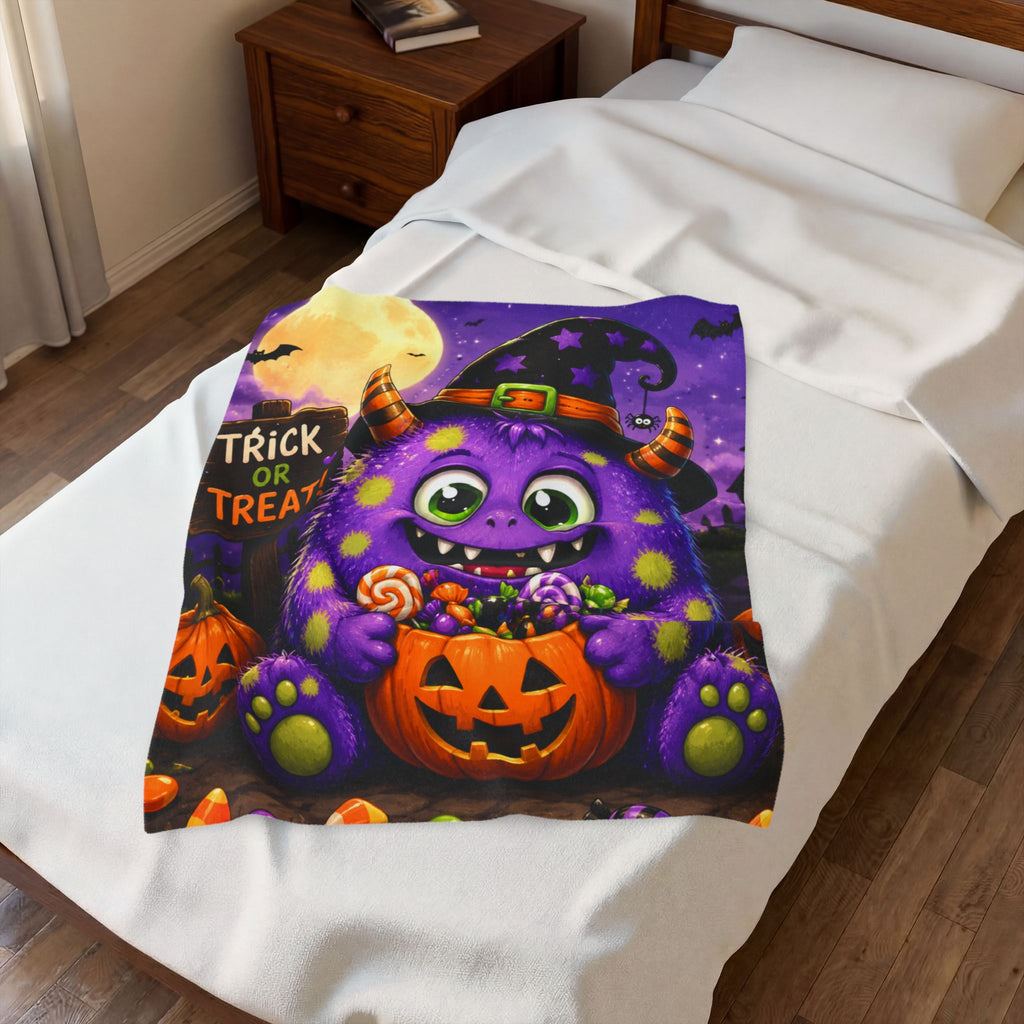 Halloween Monster Velveteen Plush Blanket – Cute Purple Trick or Treat Design