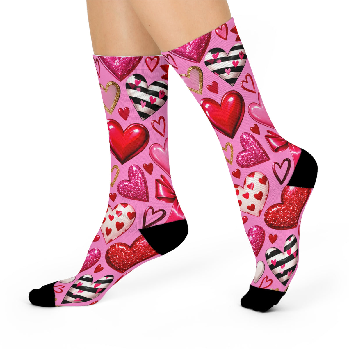 Valentine Heart Pattern Cushioned Crew Socks — Pink Romantic Hearts Crew Socks