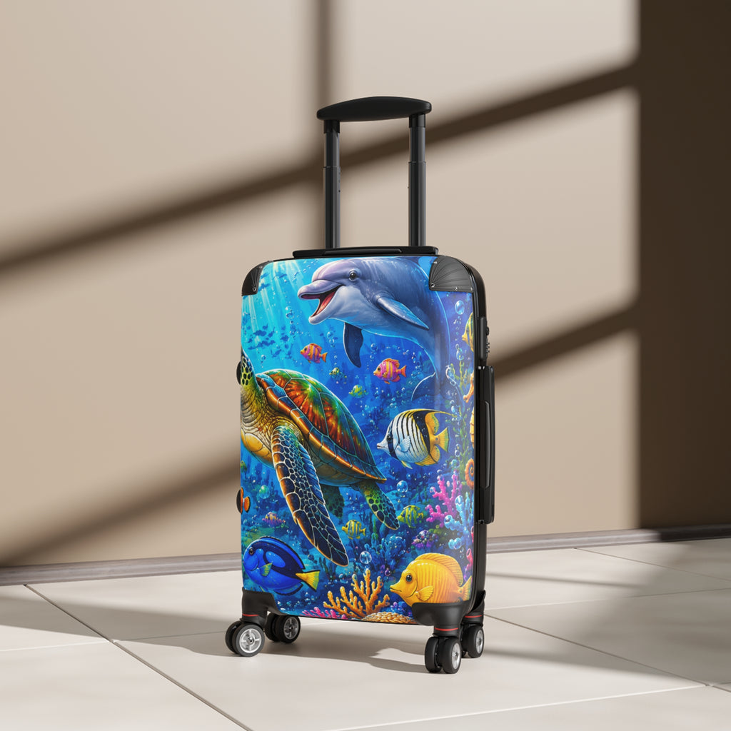 Ocean Life Carry-On Suitcase — Colorful Sea Turtle & Dolphin Luggage Cover