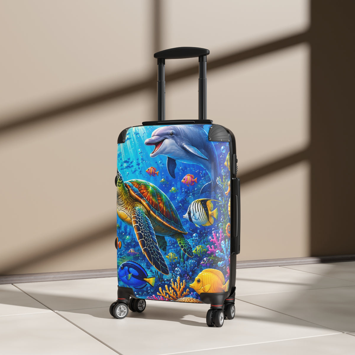 Ocean Life Carry-On Suitcase — Colorful Sea Turtle & Dolphin Luggage Cover