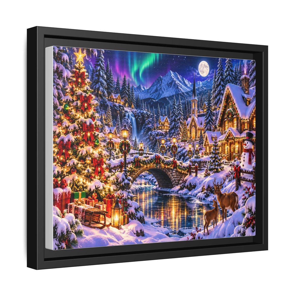 Framed Matte Canvas - Cozy Christmas Village Winter Night Wall Art