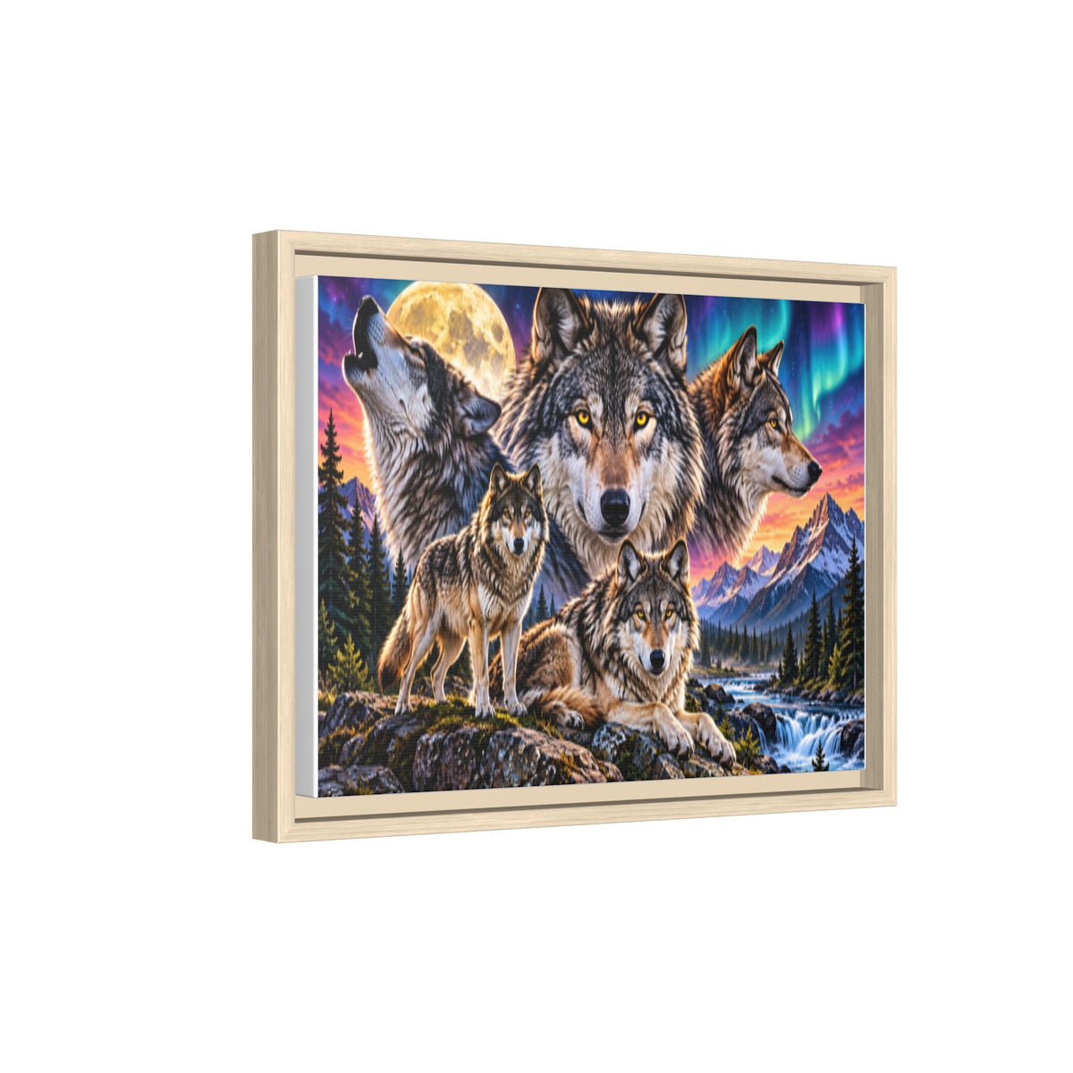 Framed Wolf Pack Matte Canvas Wall Art — Northern Lights Wilderness Scene
