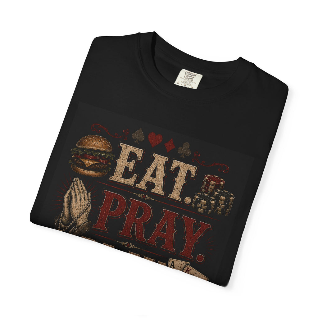 Eat Pray Play Poker T-shirt | Vintage Playing Cards & Chips Design