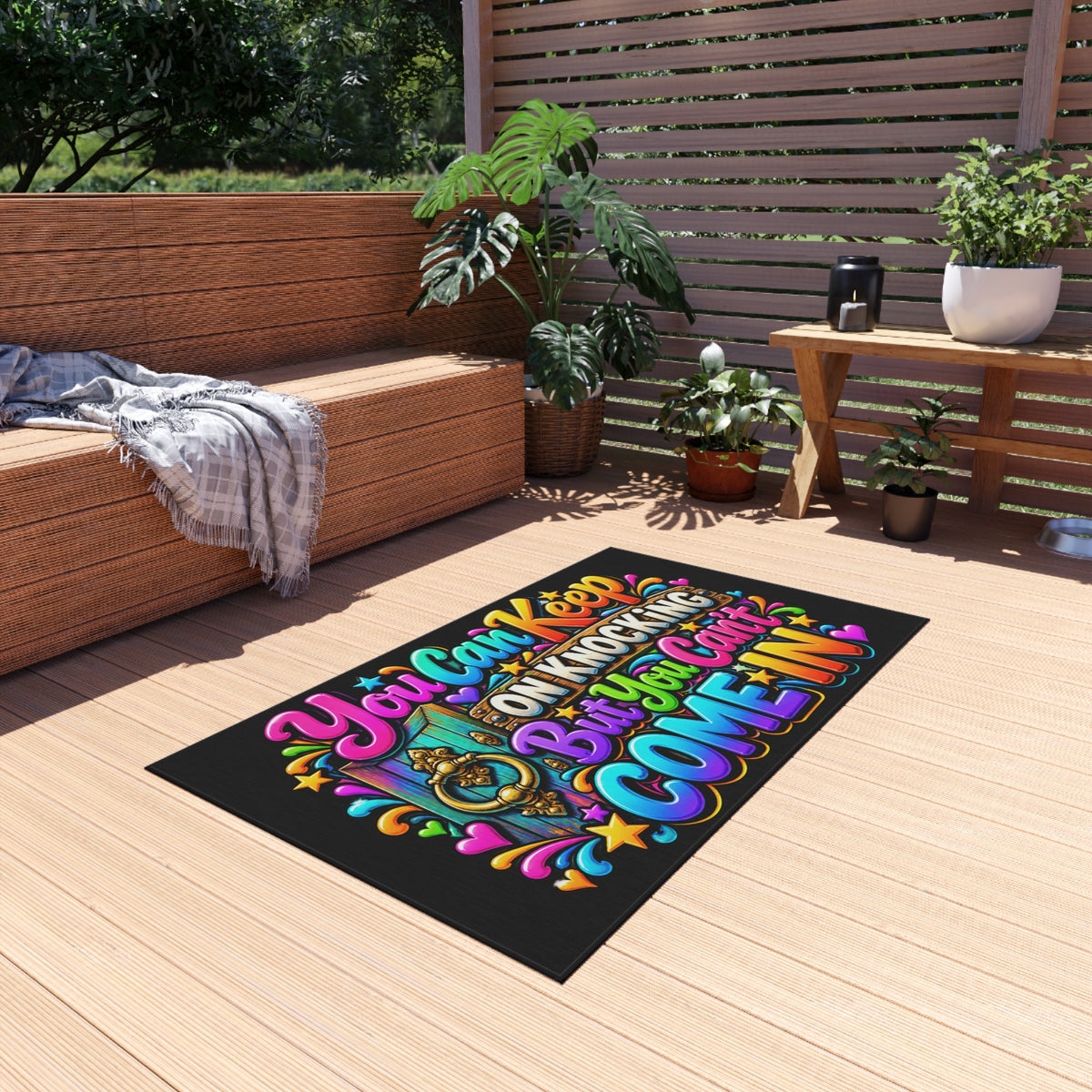 Outdoor Rug — "You Can Keep On Knocking But You Can't Come In" Colorful Welcome Doormat