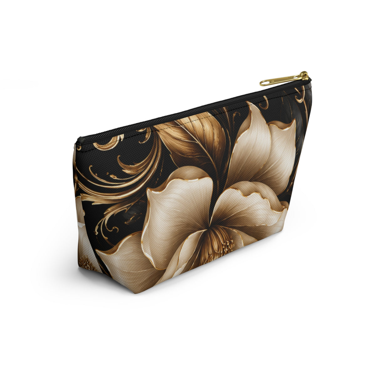 Floral Tapestry Accessory Pouch — Gold & Black Magnolia Makeup Bag