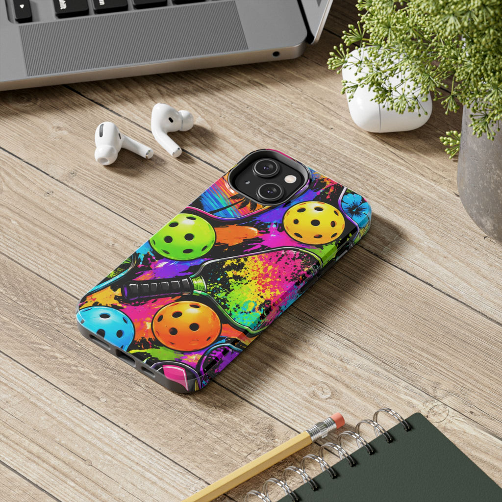 Pickleball Splash Tough Phone Case — Neon Paddle & Ball Protective Cover