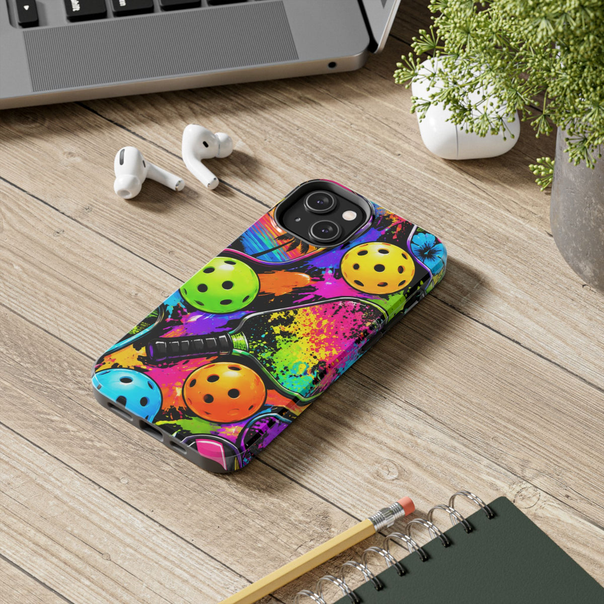 Pickleball Splash Tough Phone Case — Neon Paddle & Ball Protective Cover