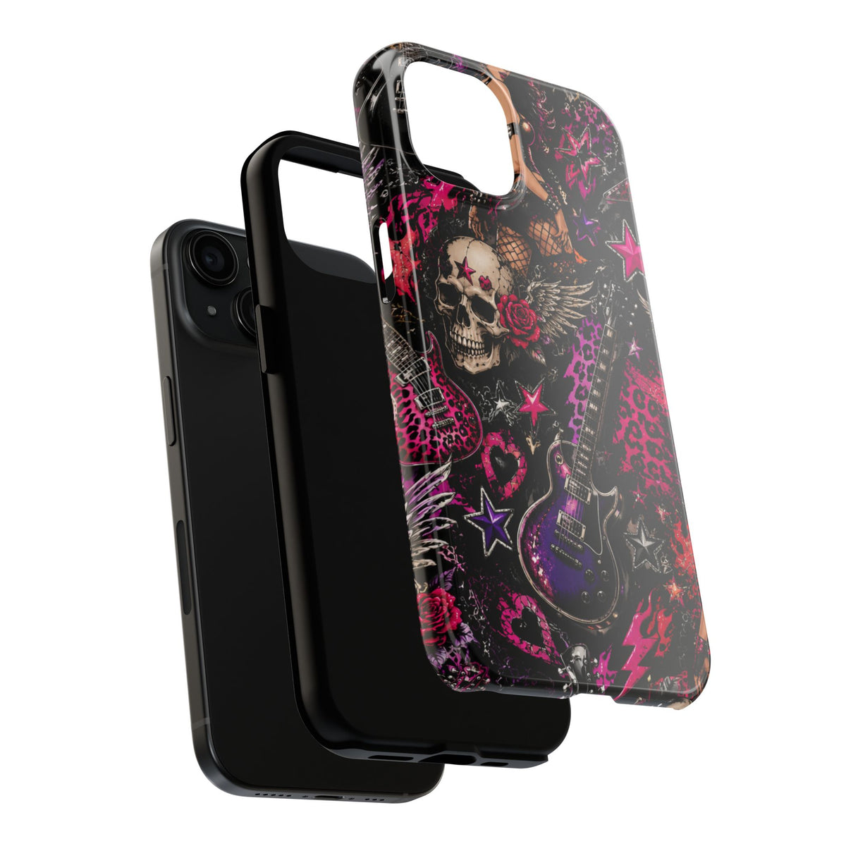 Rock Skull Guitar Phone Case — Edgy Pink Skull & Roses Tough Phone Case