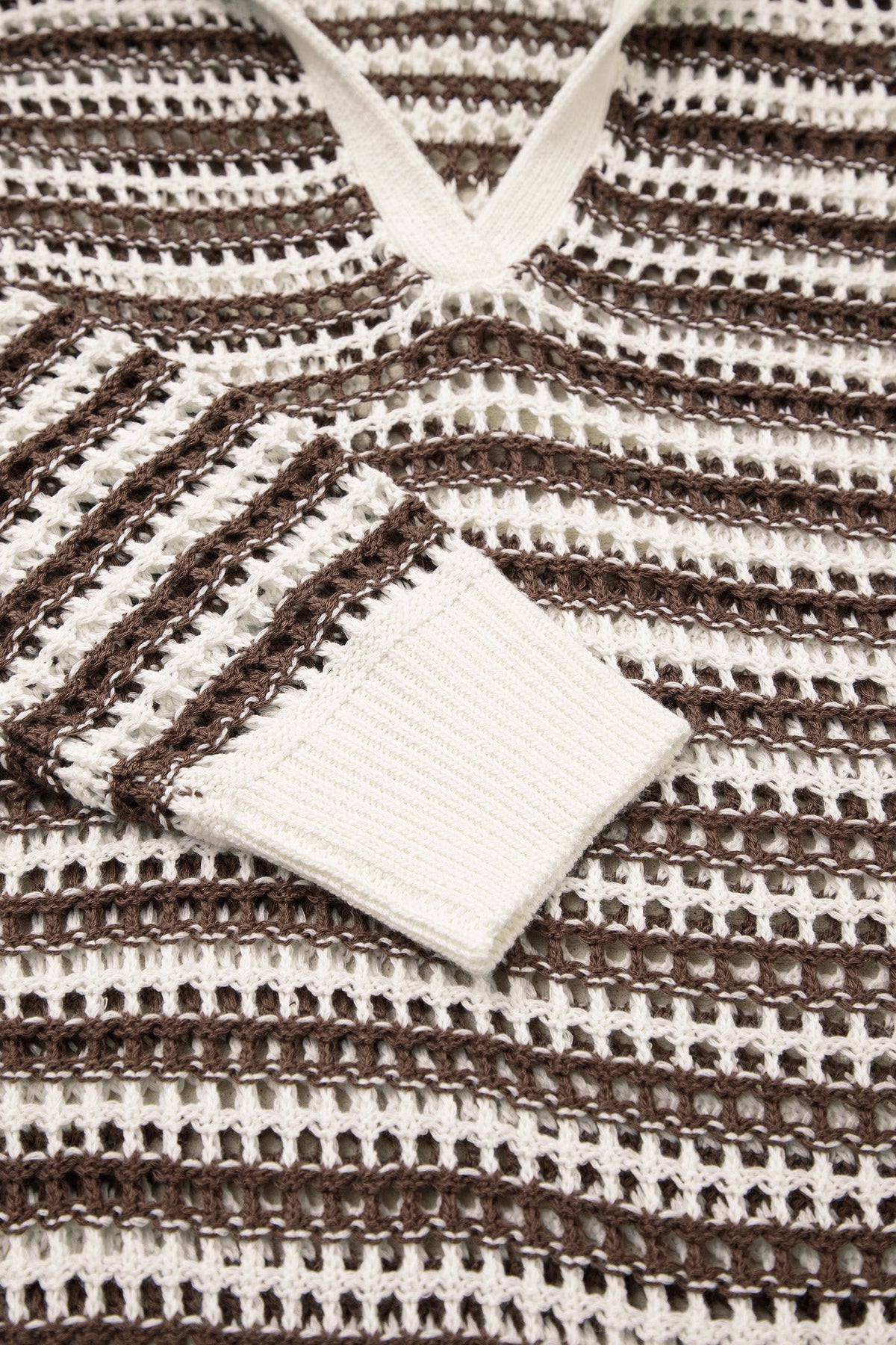 Stripe Eyelet Contrast Collared V-Neck Sweater