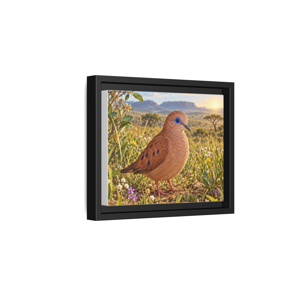 Framed Canvas Wall Art — Whimsical Little Brown Dove in Wildflower Meadow