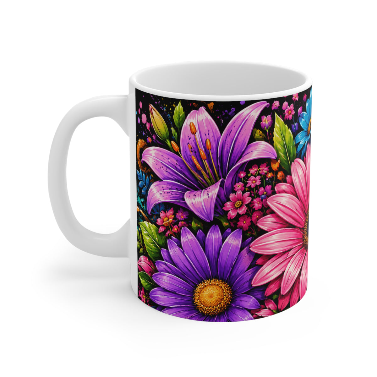 11oz Floral Coffee Mug — Bright Colorful Daisy & Lily Wrap
