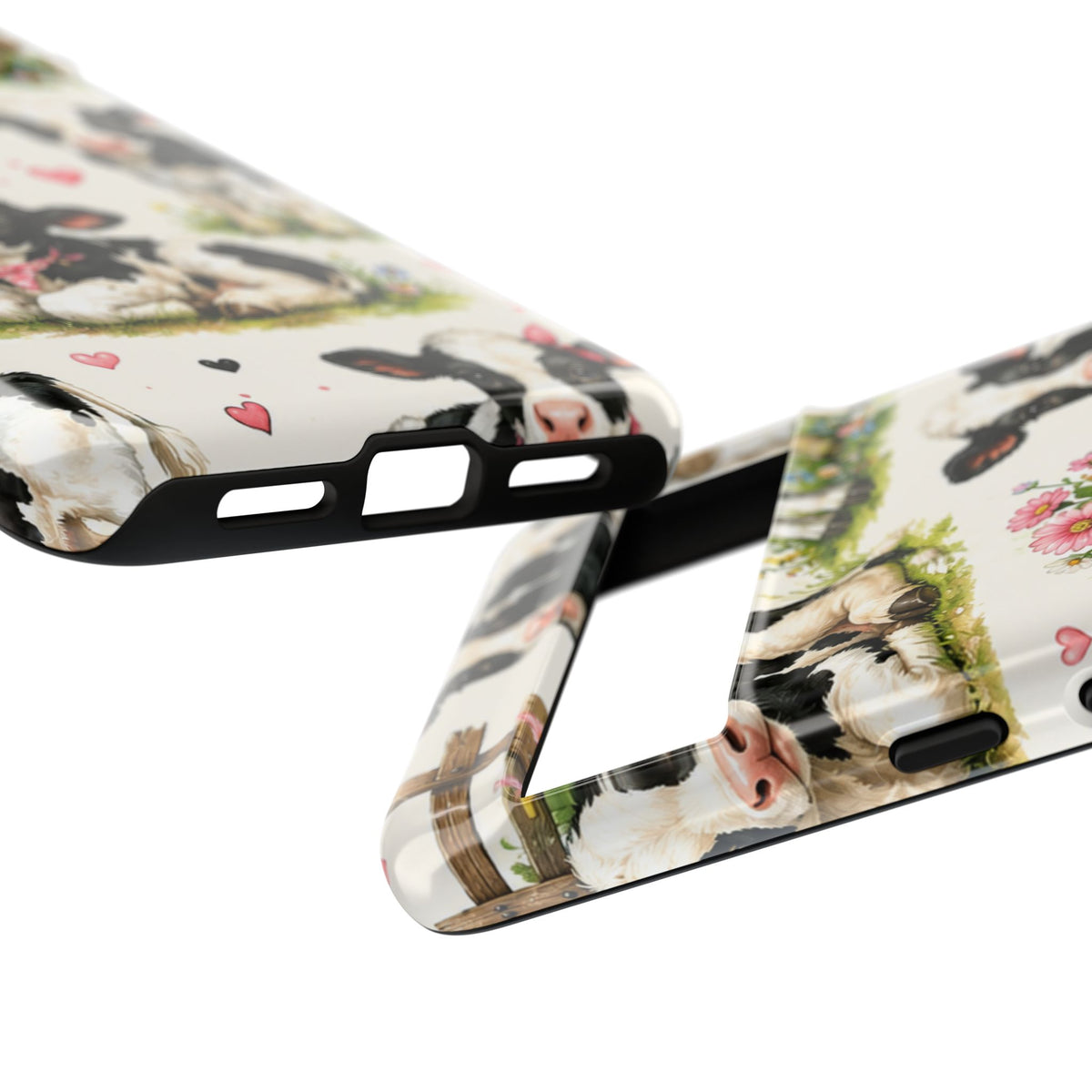Cute Calf Pattern Phone Case – Pastel Cow Hearts & Flowers Protective Cover
