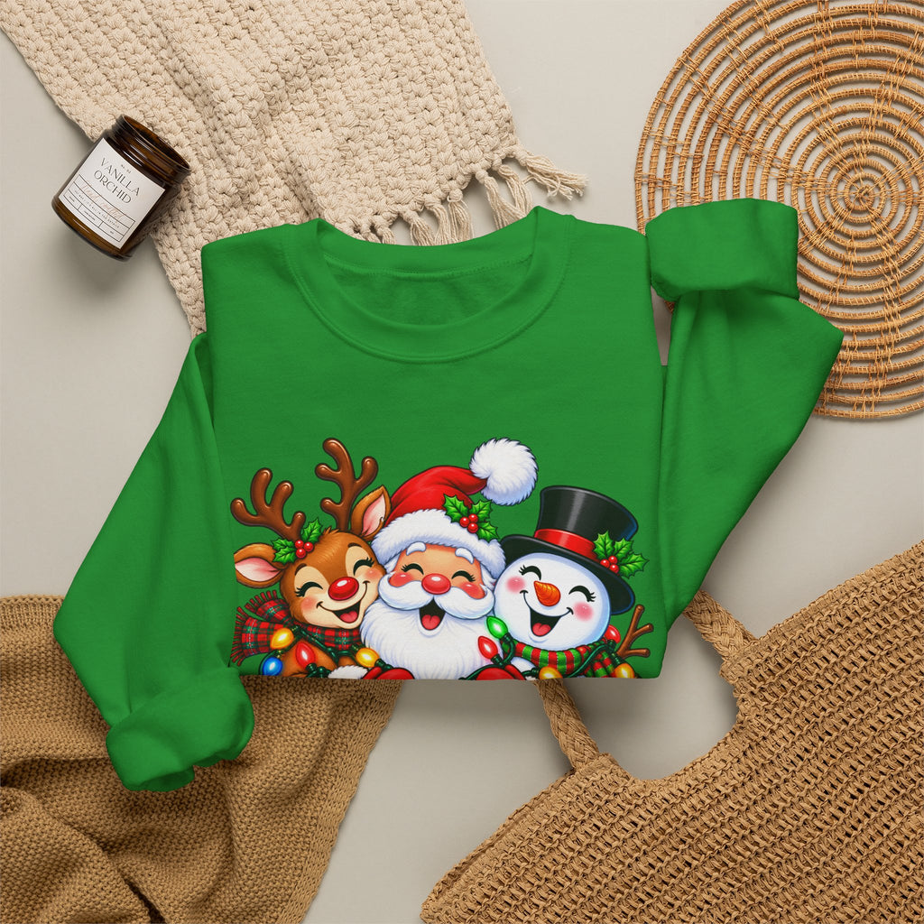 Christmas Trio Crewneck Sweatshirt — Santa, Reindeer & Snowman Holiday Pullover