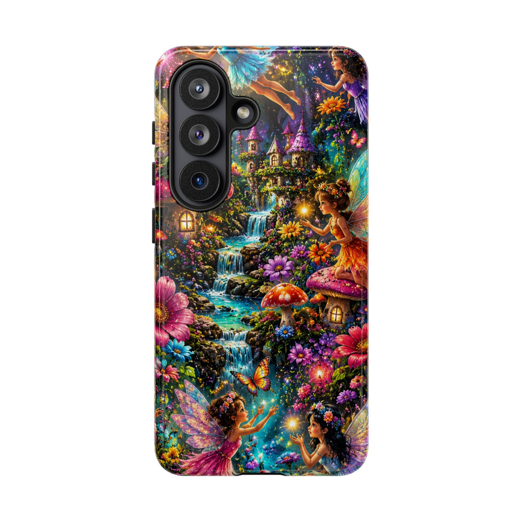 Fairy Garden Tough Phone Case — Whimsical Cottage, Waterfall & Mushroom Artwork
