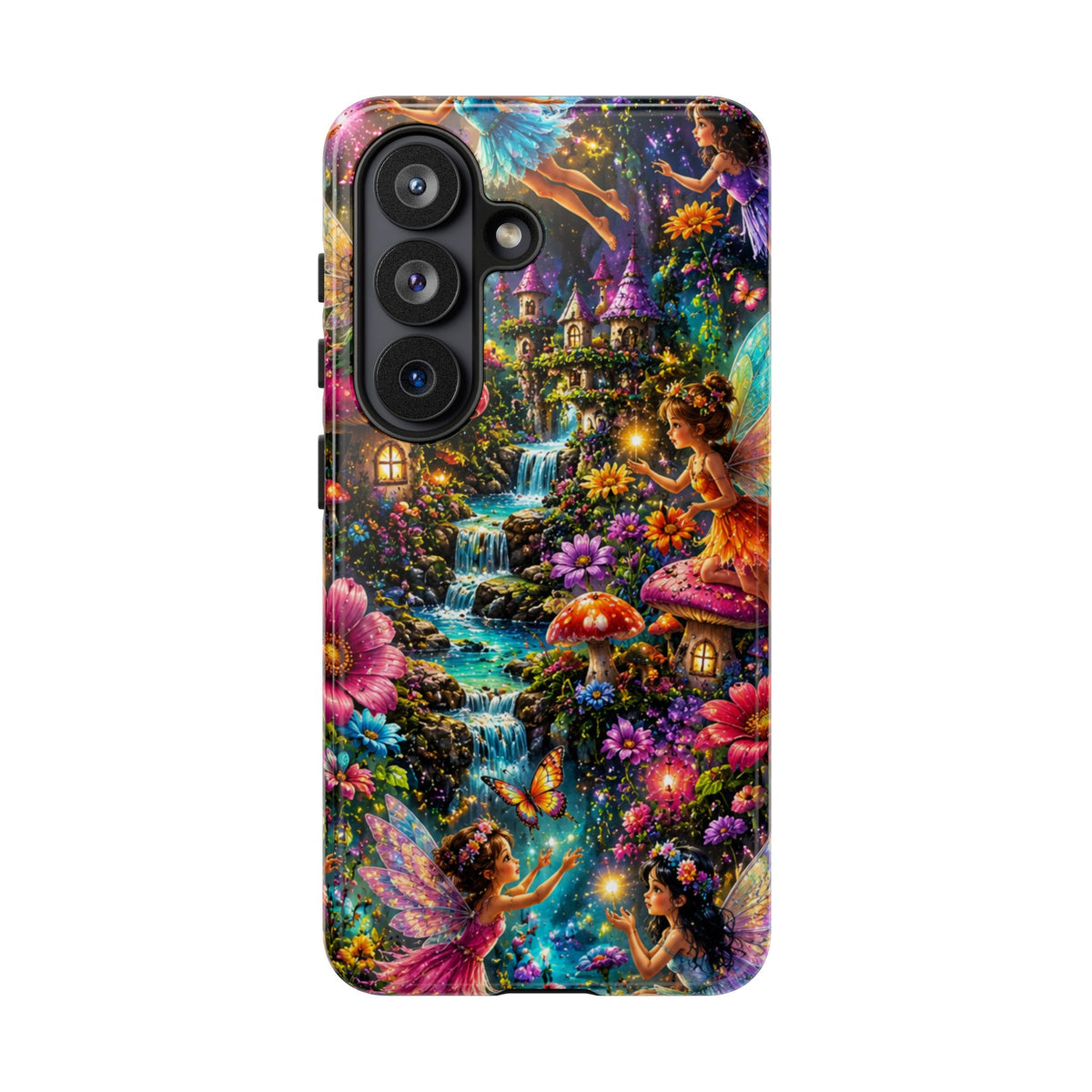 Fairy Garden Tough Phone Case — Whimsical Cottage, Waterfall & Mushroom Artwork