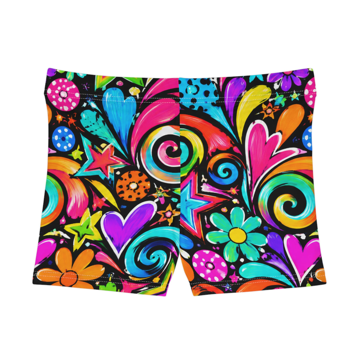 Neon Psychedelic Floral Shorts — Women's Colorful Swirl Heart Print