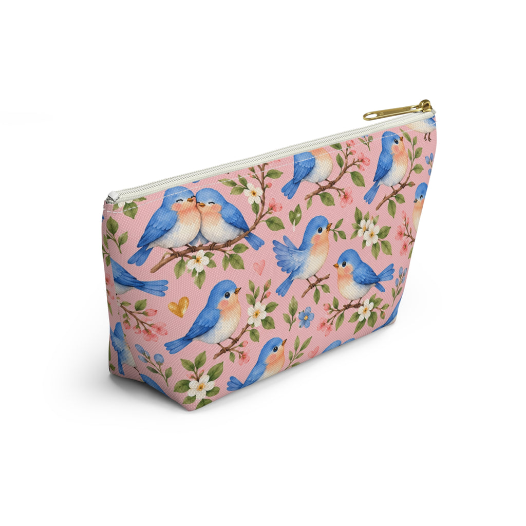 Bluebird Pattern Accessory Pouch | Pink Floral Zip Pouch