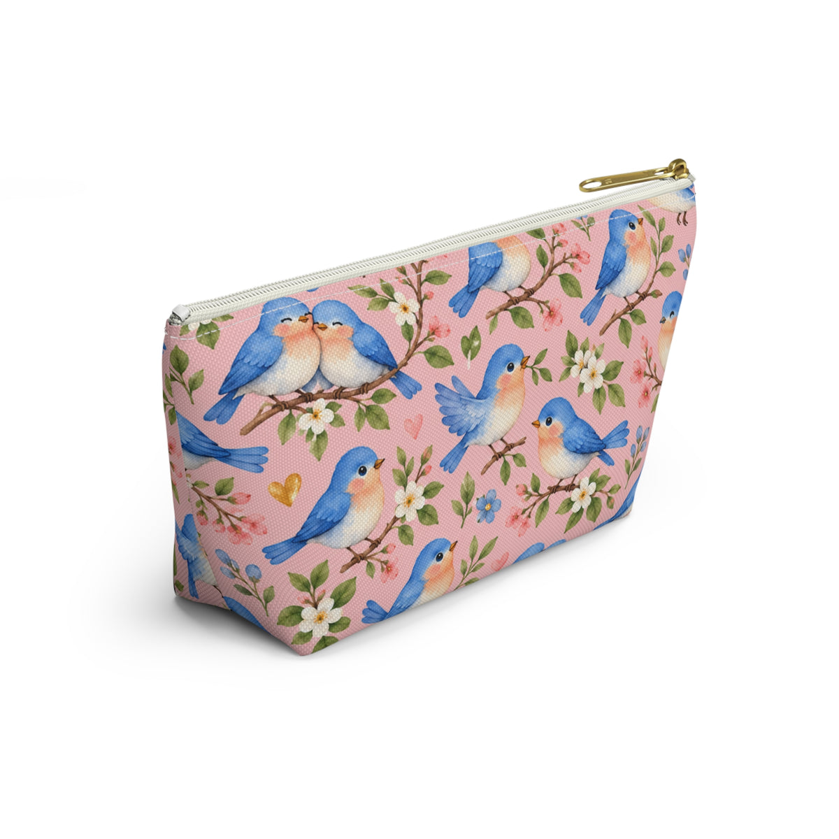 Bluebird Pattern Accessory Pouch | Pink Floral Zip Pouch