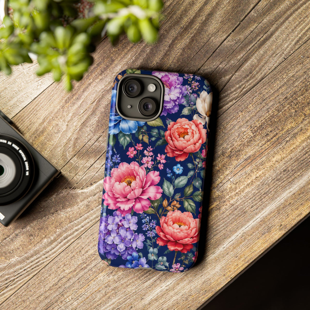 Floral Tough Phone Case – Vibrant Garden Flowers on Navy