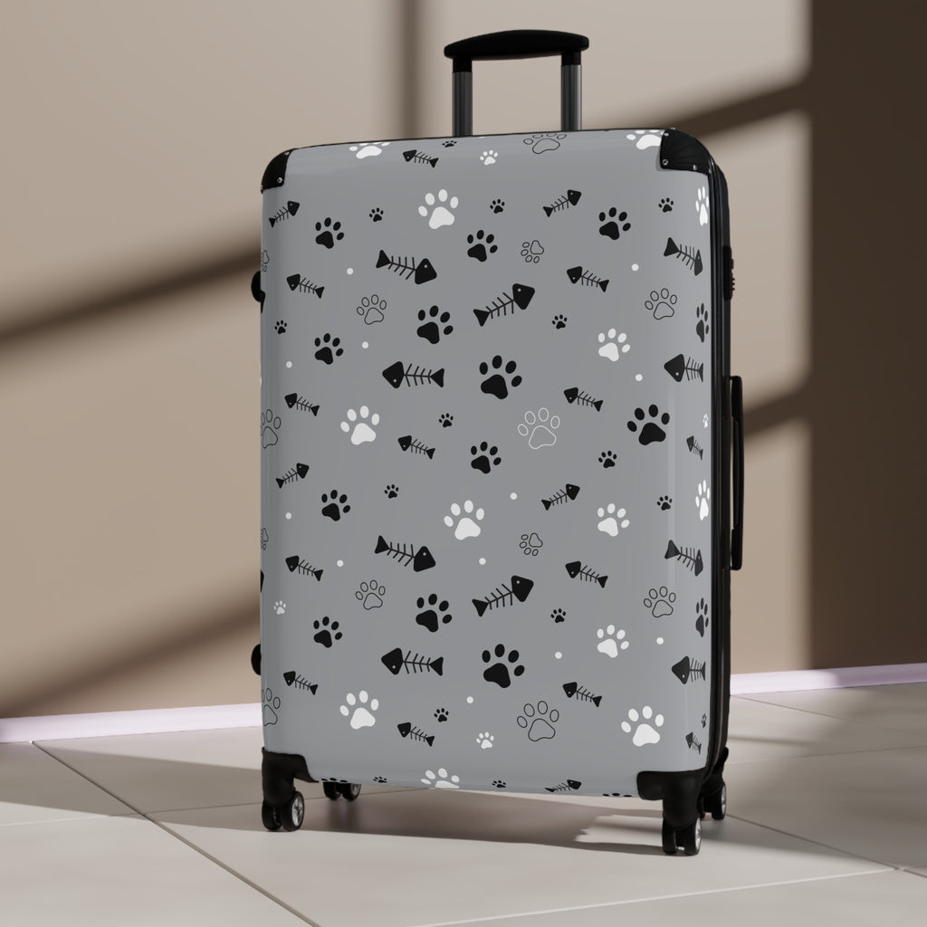 Pet Paw Print Suitcase — Grey Travel Luggage with Cat & Dog Paw Pattern